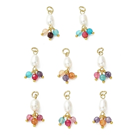 Подвески из натурального агата (окрашенного и подвергнутого термической обработке) и культивированного пресноводного жемчуга., Граненые круглые подвески-кисточки с бусинами в форме рисовых зерен и петлями из нержавеющей стали., разноцветные