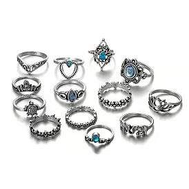 13Pcs 13 Style Rhinestone Finger Rings Set, Rhombus & Tortoise & Elephant & Crown Alloy Stackable Rings for Women