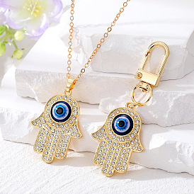 Vintage Devil Eye Palm Necklace with Full Rhinestones and Turkish Blue Eye Keychain Charm