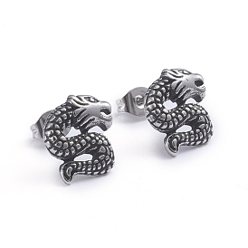 Retro 304 Stainless Steel Stud Earrings, with Ear Nuts, Dragon