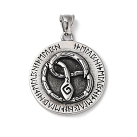 Viking Runes 304 Stainless Steel Pendants, Flat Round with Snake Charm