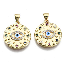 Brass Micro Pave Colorful Cubic Zirconia Pendants, Nickel Free, Flat Round with Evil Eye