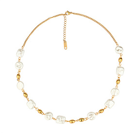 Collier de perles naturelles carrées et rondes avec chaînes en acier inoxydable pour femmes