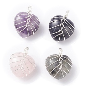 Natural & Synthetic Gemstone Pendants, with Silver Tone Copper Wire Wrapped, Heart