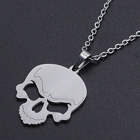 201 Stainless Steel Pendants Necklaces, with Cable Chains and Lobster Claw Clasps, Skull