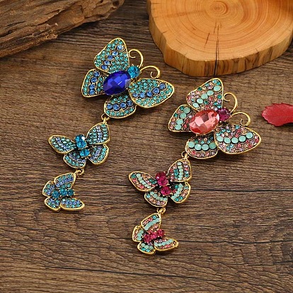 Creative Long Alloy Triple Butterfly Brooch, Rhinestone Retro Insect Brooch, for Ceremony Banquet Suit Accessory