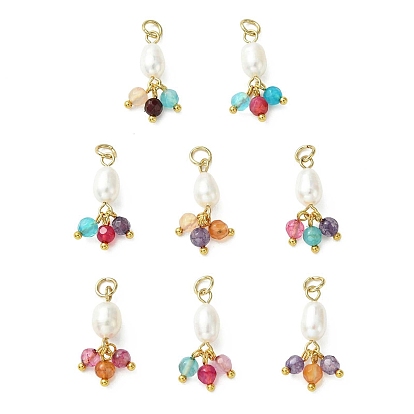 Подвески из натурального агата (окрашенного и подвергнутого термической обработке) и культивированного пресноводного жемчуга., Граненые круглые подвески-кисточки с бусинами в форме рисовых зерен и петлями из нержавеющей стали., разноцветные