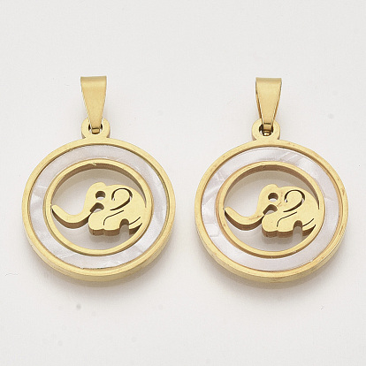 201 Stainless Steel Pendants, with Shell and Random Size Snap on Bails, Flat Round with Elephant