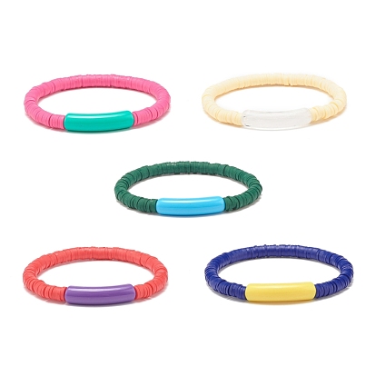 Handmade Polymer Clay Beaded Stretch Bracelets, with Acrylic Beads