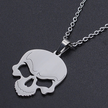 201 Stainless Steel Pendants Necklaces, with Cable Chains and Lobster Claw Clasps, Skull