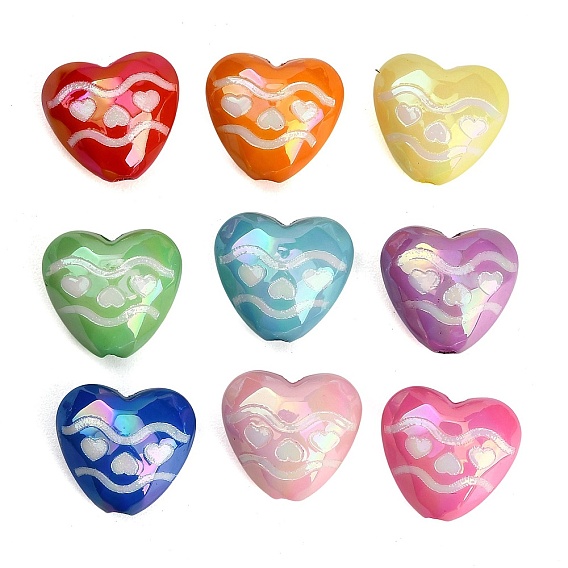 UV Plating Embossed Opaque Acrylic Beads, Iridescent, Heart with Wave Pattern