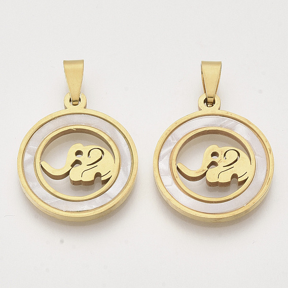 201 Stainless Steel Pendants, with Shell and Random Size Snap on Bails, Flat Round with Elephant