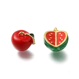 Rack Plating Brass Enamel Pendants, Lead Free & Cadmium Free, Long-Lasting Plated, Real 18K Gold Plated, Watermelon & Apple Charm