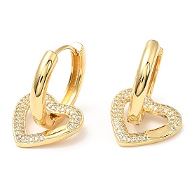 Rack Plating Brass Heart Dangle Hoop Earrings with Cubic Zirconia, Lead Free & Cadmium Free