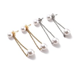 Long Chain with Round Plastic Pearl Dangle Stud Earrings, 304 Stainless Steel Drop Earrings for Women