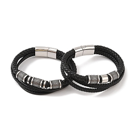 Braided Microfiber Leather Multi-strand Bracelets, 304 Stainless Steel Column Bracelets for Men