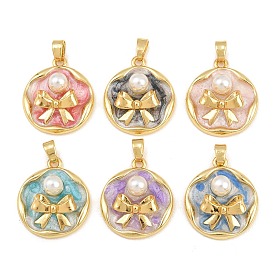 Colgantes de esmalte de bronce, con abs de plástico imitación perla, Plano, redondo, con dijes de lazo, real 18 k chapado en oro