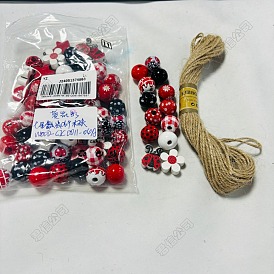 70Pcs 14 Styles Printed Wood Round Beads with 10M Jute Cord, Mixed Shapes