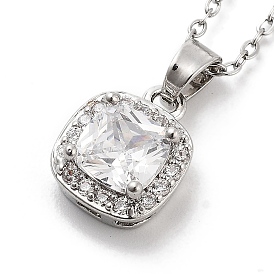 201 Stainless Steel Cable Chain Necklaces, Brass Clear Cubic Zirconia Square Pendant Necklaces