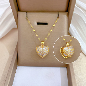 Ожерелья-медальоны в форме сердца из латуни со стразами и пластиковой жемчужиной внутри, с 201 цепями из нержавеющей стали