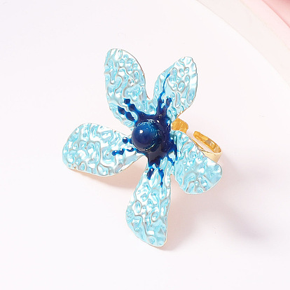 Iron Enamel Cuff Open Rings for Women, Flower, Golden