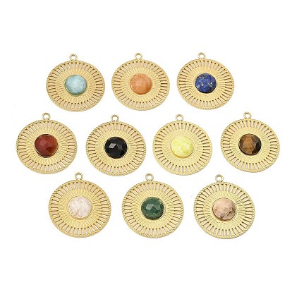 Natural Gemstone Faceted Pendants, Ion Plating(IP) 316 Stainless Steel Sun Charms, Real 24K Gold Plated