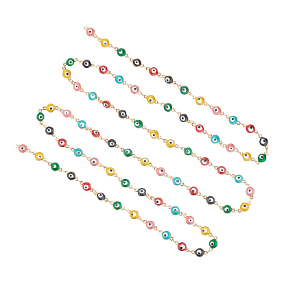 304 Stainless Steel Link Chains, with Enamel, Soldered, Flat Round with Evil Eye