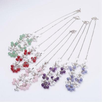 Pierres fines naturelles colliers de perles, avec perles de verre et fermoirs à bascule en alliage de style tibétain