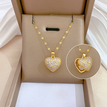 Brass with Rhinestone Heart Locket Necklaces with Plastic Pearl Inside, with 201 Stainless Steel Dapped Chains