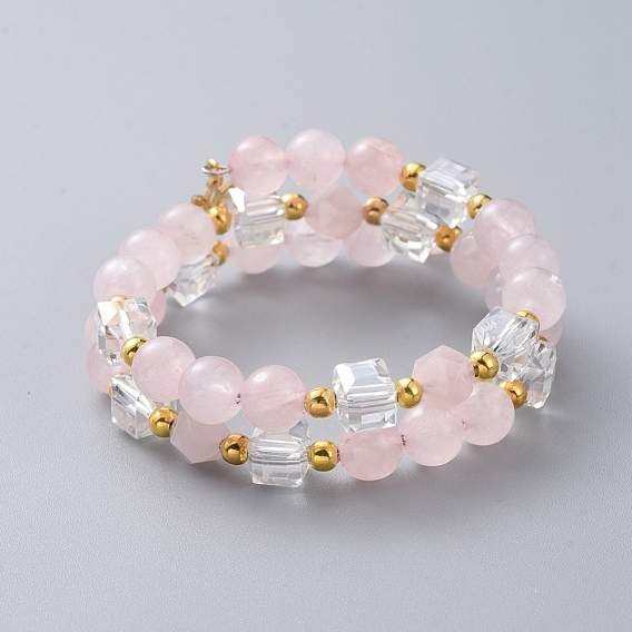 Two Loops Fashion Wrap Bracelets, with Natural Gemstone Beads, Cube Glass Beads, Lotus Flower 304 Stainless Steel Charms and Iron Spacer Beads