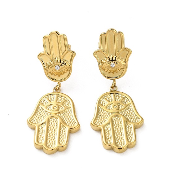 Stainless Steel Shell Rhinestone Pendant Earrings, Hamsa Hand with Evil Eye
