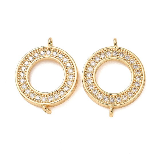 Brass Micro Pave Clear Cubic Zirconia Connector Charms, Flat Round Links, Rack Plating, Long-Lasting Plated, Cadmium Free & Lead Free