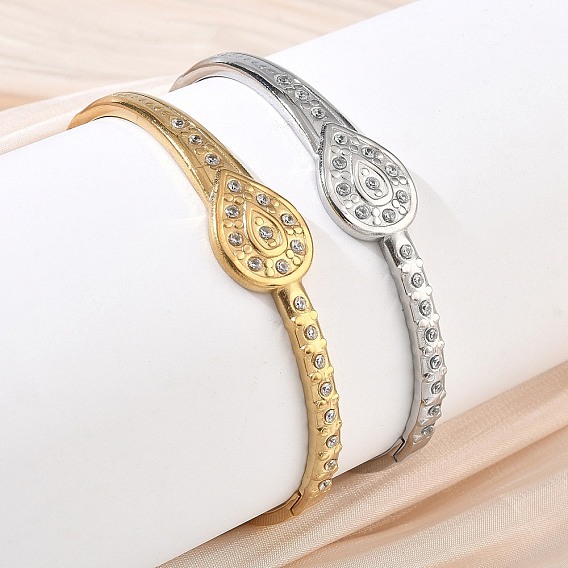 304 Stainless Steel Crystal Rhinestone Hinged Cuff Bangles, Teardrop
