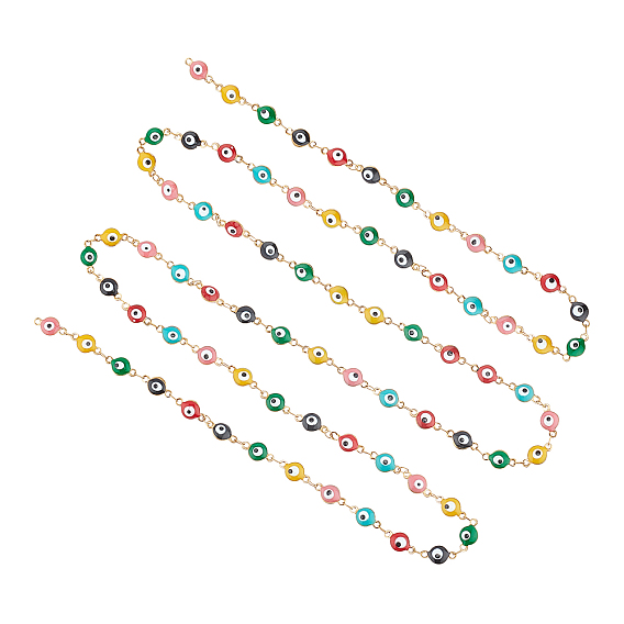 304 Stainless Steel Link Chains, with Enamel, Soldered, Flat Round with Evil Eye