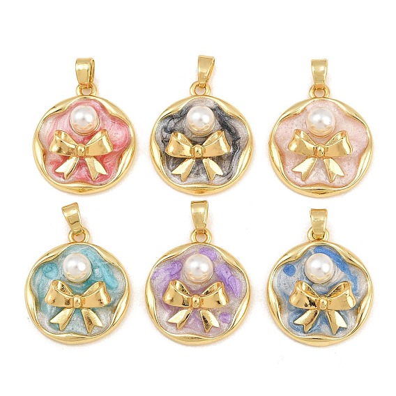 Brass Enamel Pendants, with ABS Plastic Imitation Pearl, Flat Round with Bowknot Charms, Real 18K Gold Plated