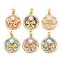 Brass Enamel Pendants, with ABS Plastic Imitation Pearl, Flat Round with Bowknot Charms, Real 18K Gold Plated