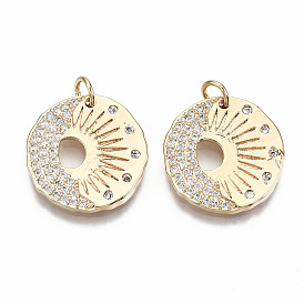 Brass Micro Pave Clear Cubic Zirconia Pendants, Nickel Free, Flat Round with Sun & Moon