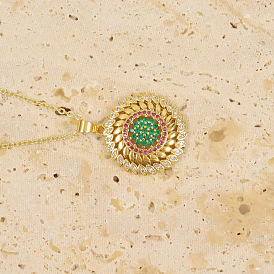 Retro-style Round Pendant Necklace with Micro-inlaid Colorful Zircon and 18k Gold Plating