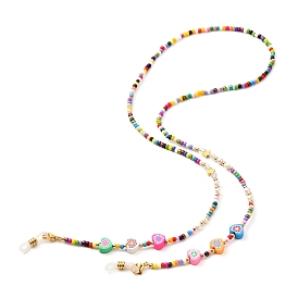 Glass Seed Beads Eyeglasses Chains, with Heart Polymer Clay Beads, Neck Strap for Eyeglasses, with Rubber Loop Ends