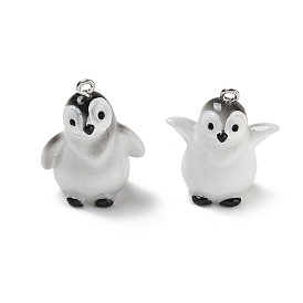 Opaque Resin Pendants, Penguin Charm, with Platinum Iron Eye Pin