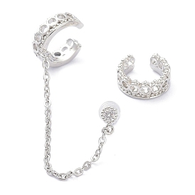 Cubic Zirconia Asymmetrical Earrings, Brass Ear Cuff Wrap Climber Earrings, Crawler Earrings Dangling Chain, with Silver Pins, Ring