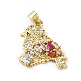 Rack Plating Brass Micro Pave Cubic Zirconia Pendants, Cadmium Free & Lead Free, Real 18K Gold Plated, Bird with Branch Charm