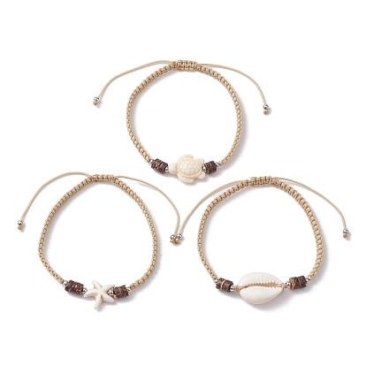 3 шт. 3 стили, наборы плетеных браслетов из бисера из синтетической бирюзы и раковины каури, окрашенных в черепаху и морскую звезду, Летние пляжные регулируемые штабелируемые браслеты из нейлонового шнура для женщин и мужчин