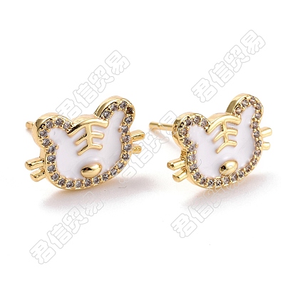 Tiger Chinese Zodiac Cubic Zirconia Stud Earrings, Brass Earrings for Women