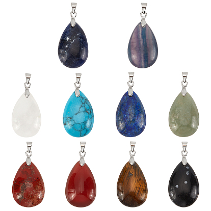 10Pcs 10 Style Natural & Synthetic Gemstone Pendants, with Platinum Alloy Findings, Teardrop