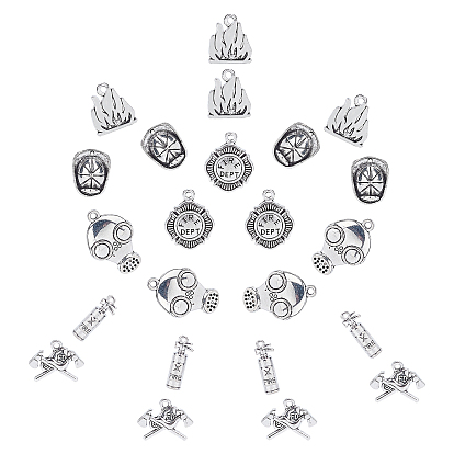 24Pcs 6 Styles Tibetan Style Alloy Pendants, Flame & Fire & Flat Round & Axe & Mask & Fire Hat
