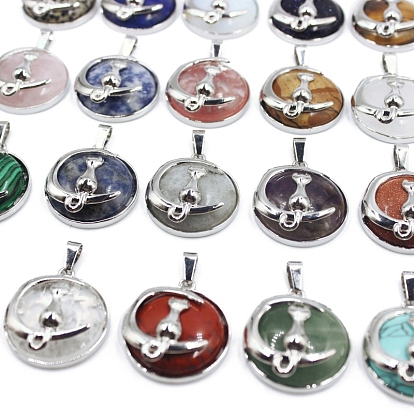Gemstone Pendants, Moon Charms, with Platinum Plated Alloy Cat Shape Findings