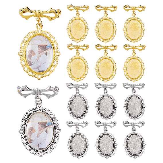 12Pcs 2 Colors Brass Brooche Settings, with Alloy Lace Edged Oval Pendants and 12Pcs Glass Cabochons