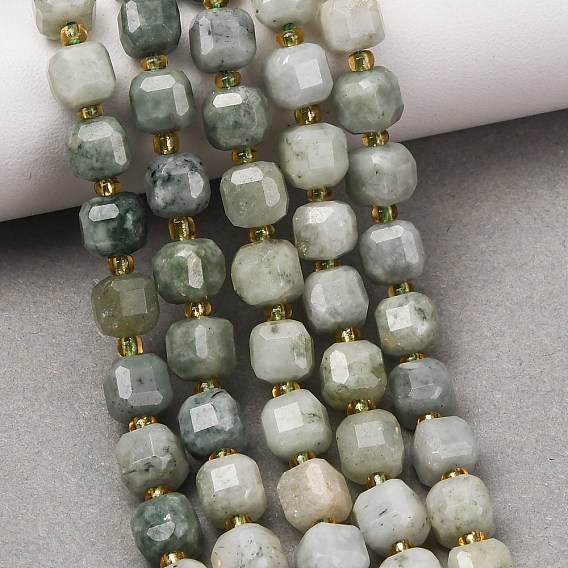 Natural Jadeite Jade Myanmar Jade Beads Strands, Faceted Table Cut Cube Beads, with Seed Beads
