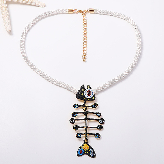 Summer Beach Alloy Enamel Fishbone Pendant Twisted Polyester Cord Pendant Necklaces for Women, Golden